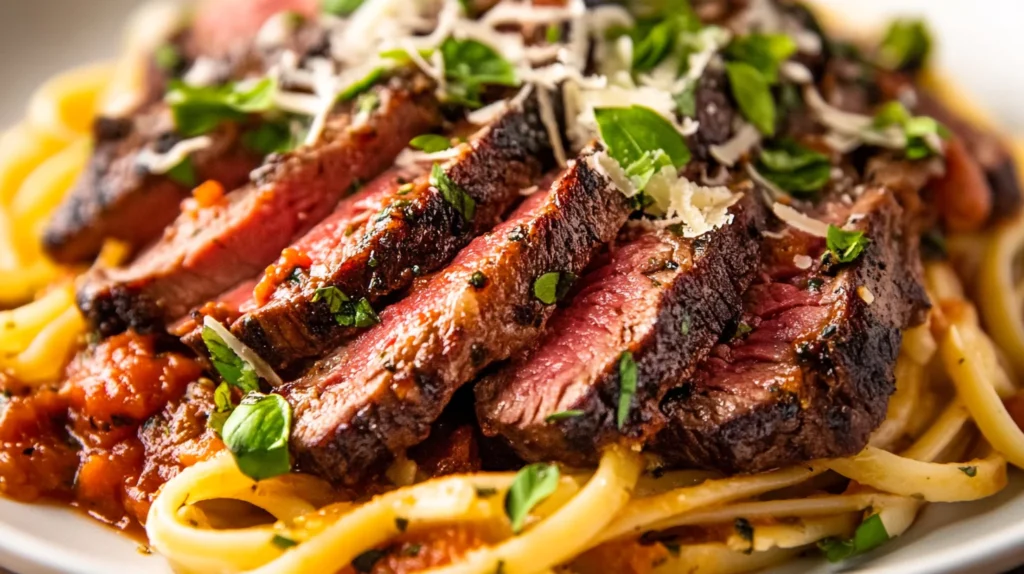 slices and pasta topped with tomato sauce and parmesan.