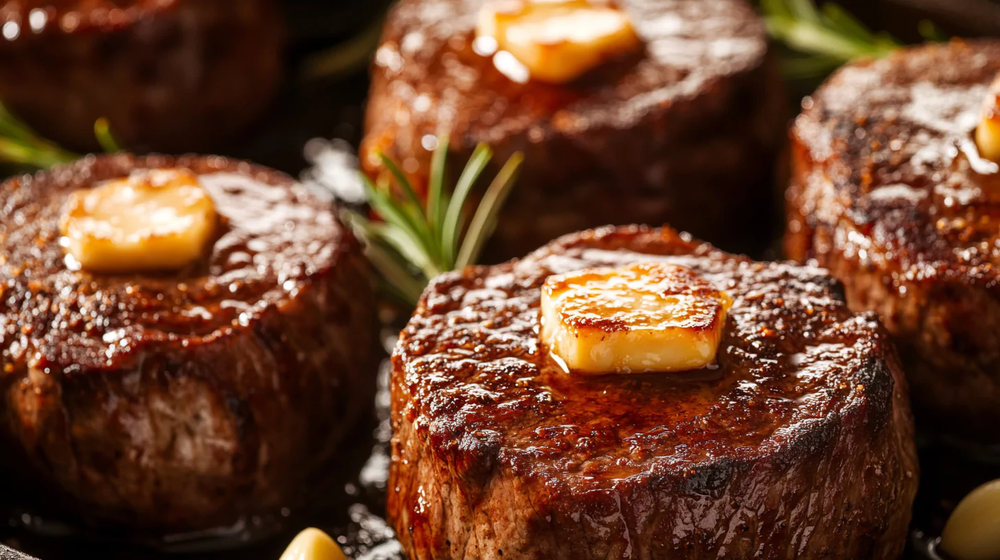 Perfectly seared steak in a frying pan with garlic and rosemary.