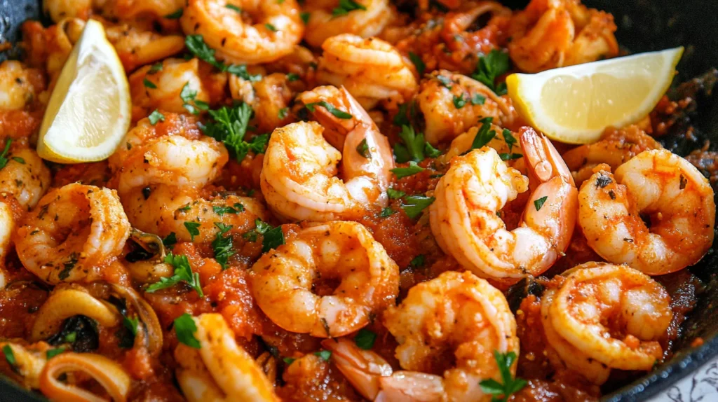Mediterranean seafood medley in a skillet.