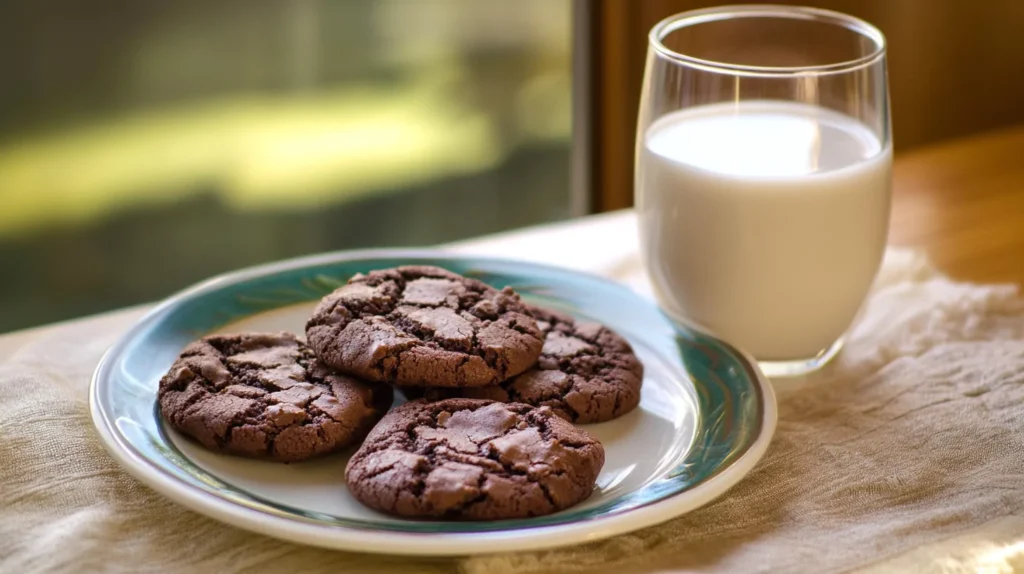 Almond flour chocolate cookies with a glass of almond milk