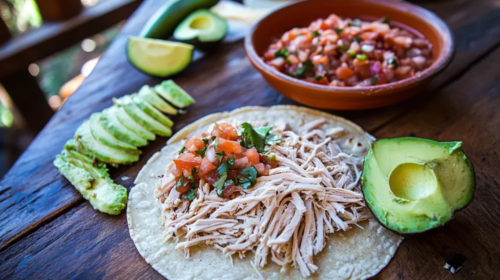 Wild turkey tacos with fresh salsa and avocado slices.