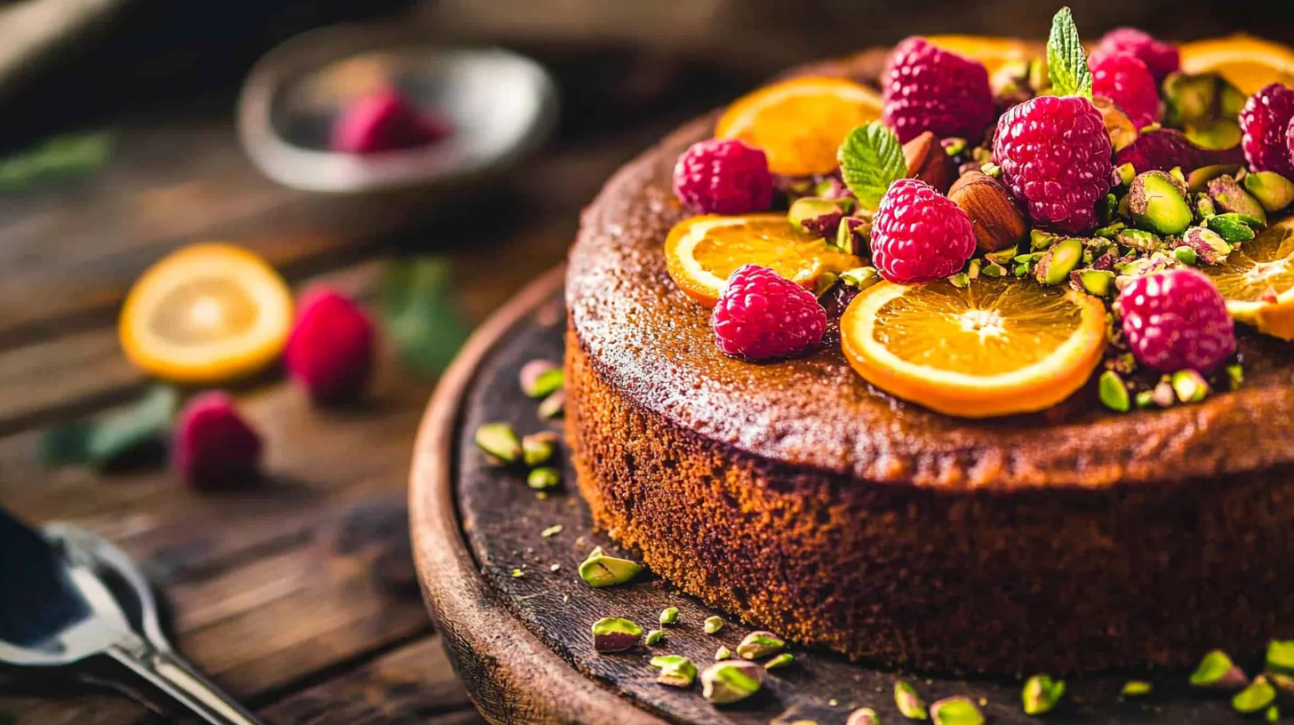 Almond cake with fruit and nut garnishes on a rustic table