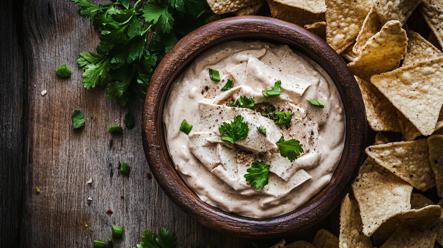 A bowl of chipotle queso with tortilla chips on a wooden table