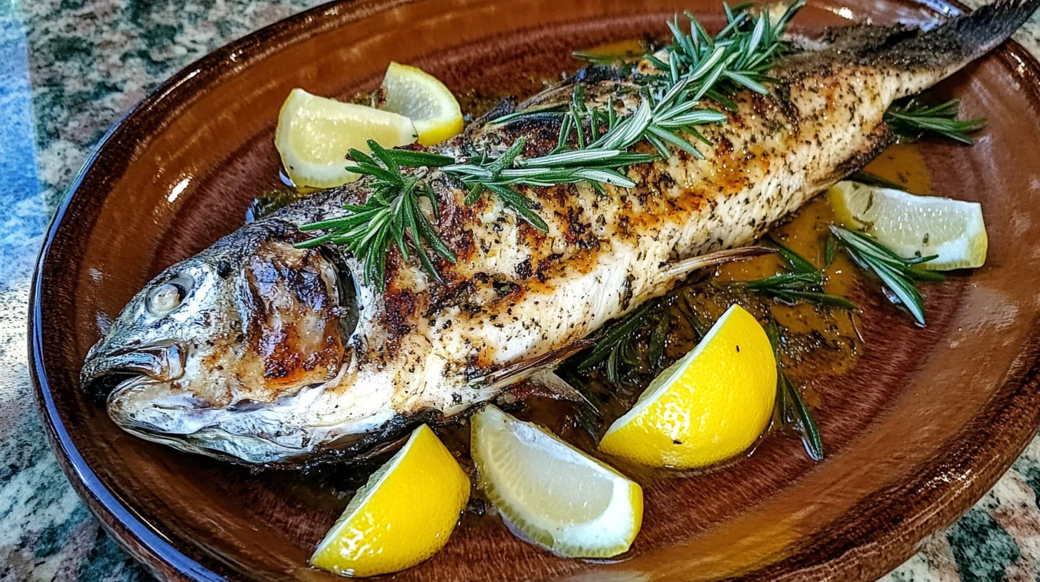 Grilled branzino served on a plate with lemon wedges and herbs.