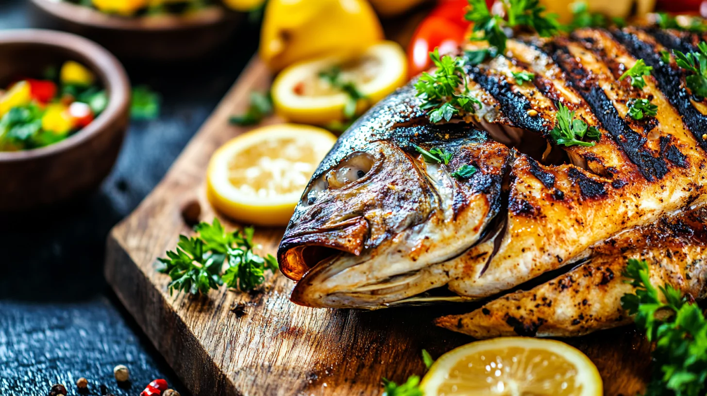 Whole grilled branzino with lemon and herbs.