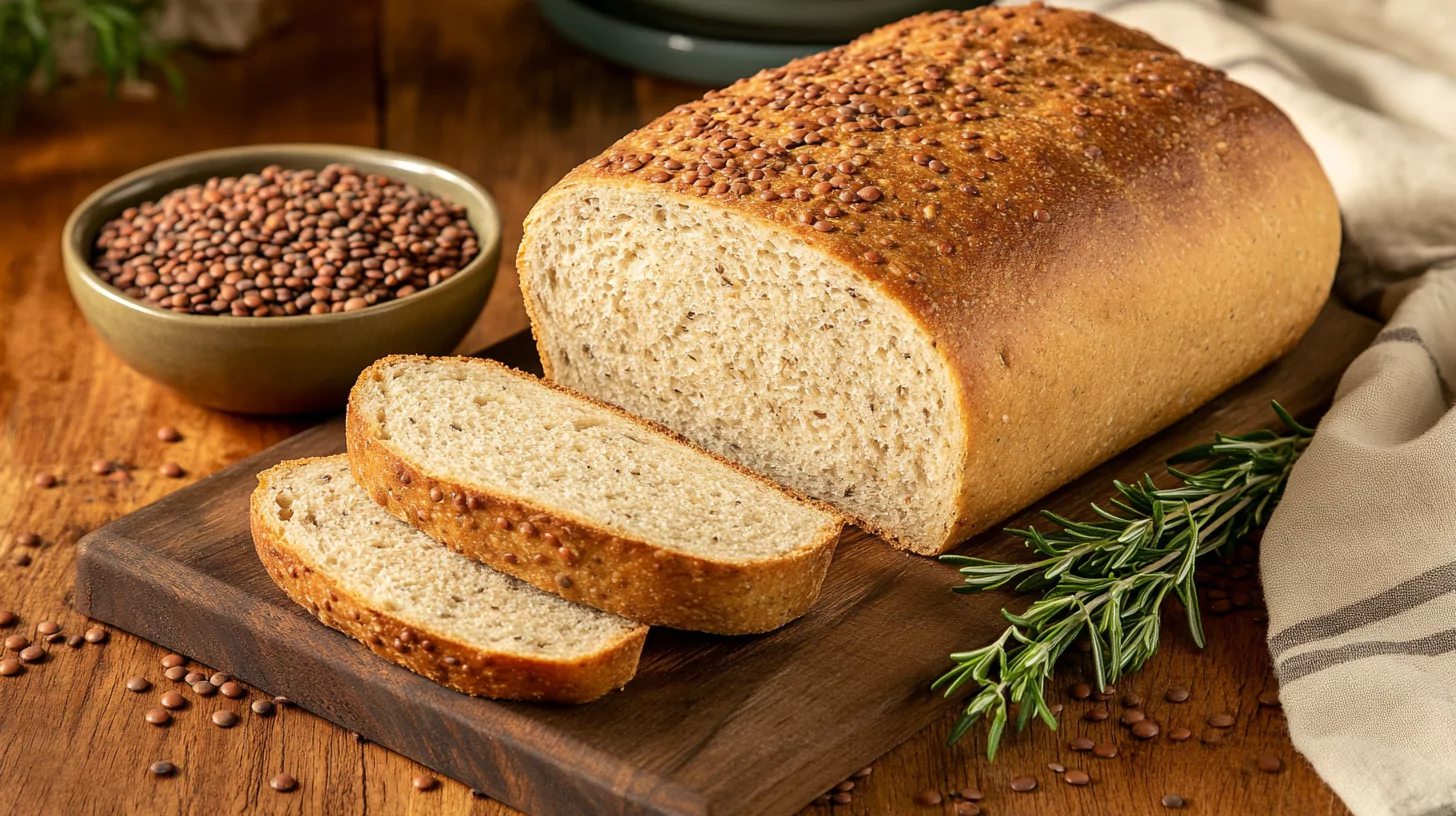 Freshly baked lentil bread loaf on a wooden cutting board