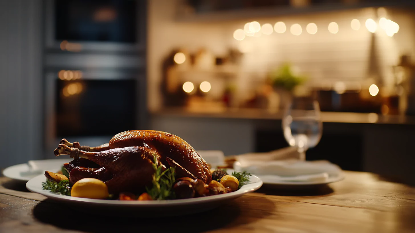 A roasted wild turkey garnished with fresh herbs on a white ceramic platter.