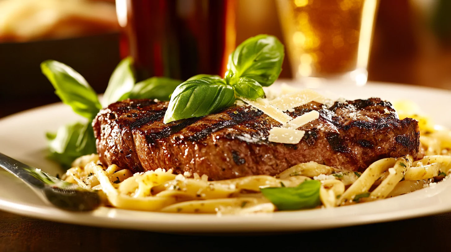 A plate of grilled steak served with creamy pasta and fresh basil garnish.