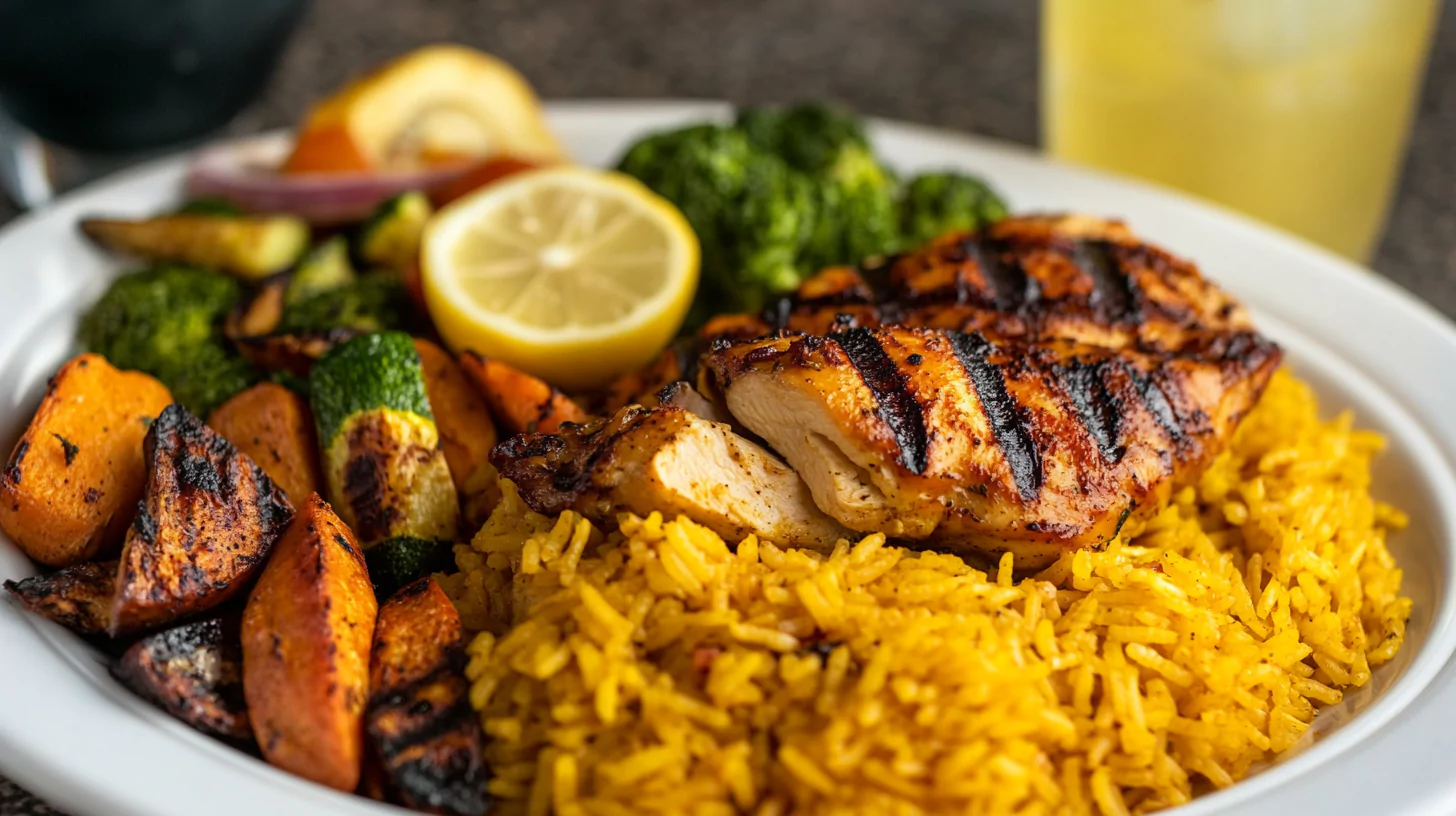 Plate of yellow rice with grilled chicken and vegetables.