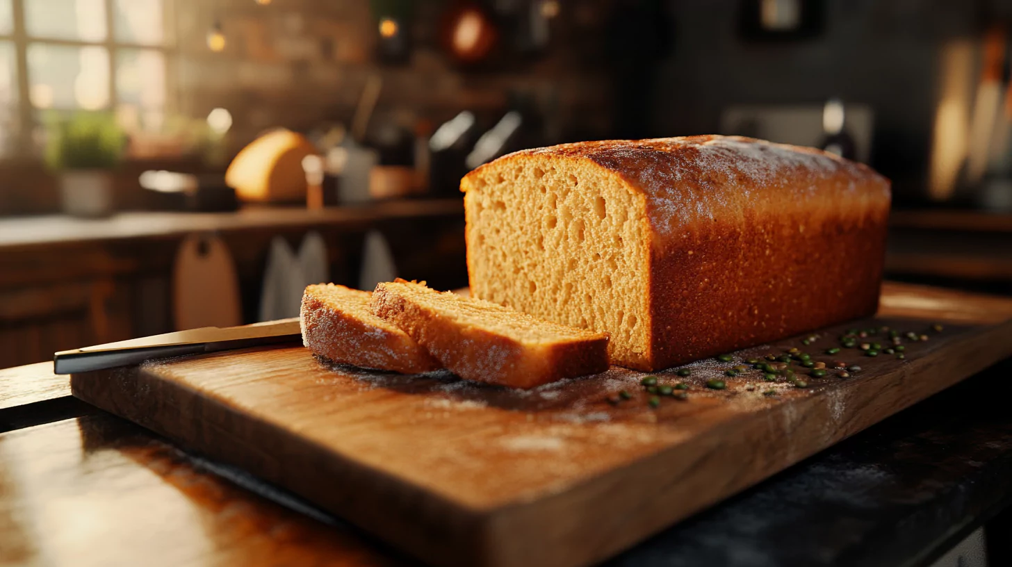 Freshly baked lentil bread on a cutting board.