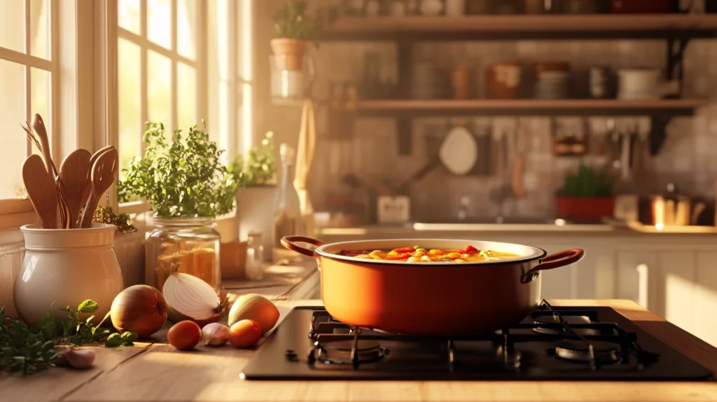 Lasagna soup cooking in a pot with fresh ingredients nearby.