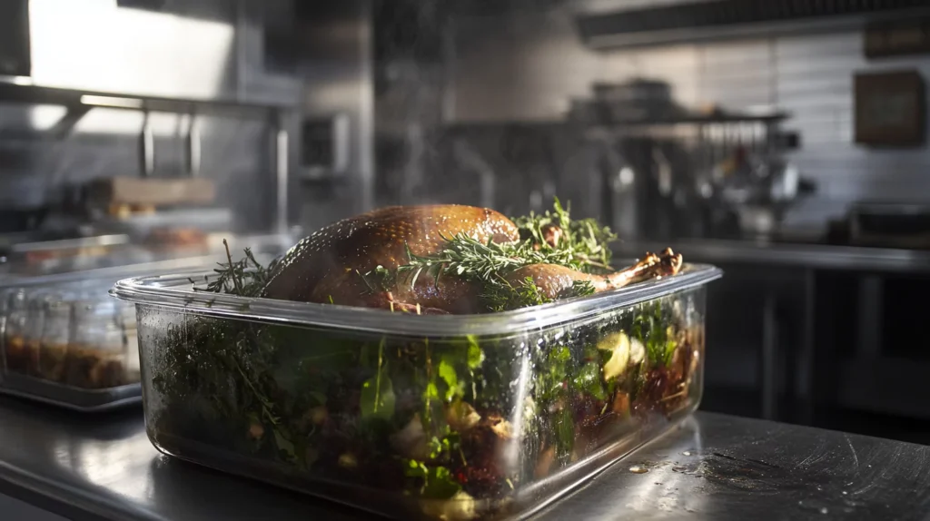 Wild turkey being brined in a saltwater solution with herbs