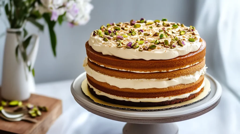 Almond cake layered with mascarpone cream and crushed pistachios