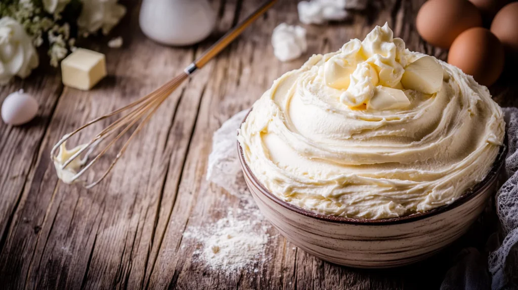 Waffle batter in a bowl with fresh ingredients nearby.