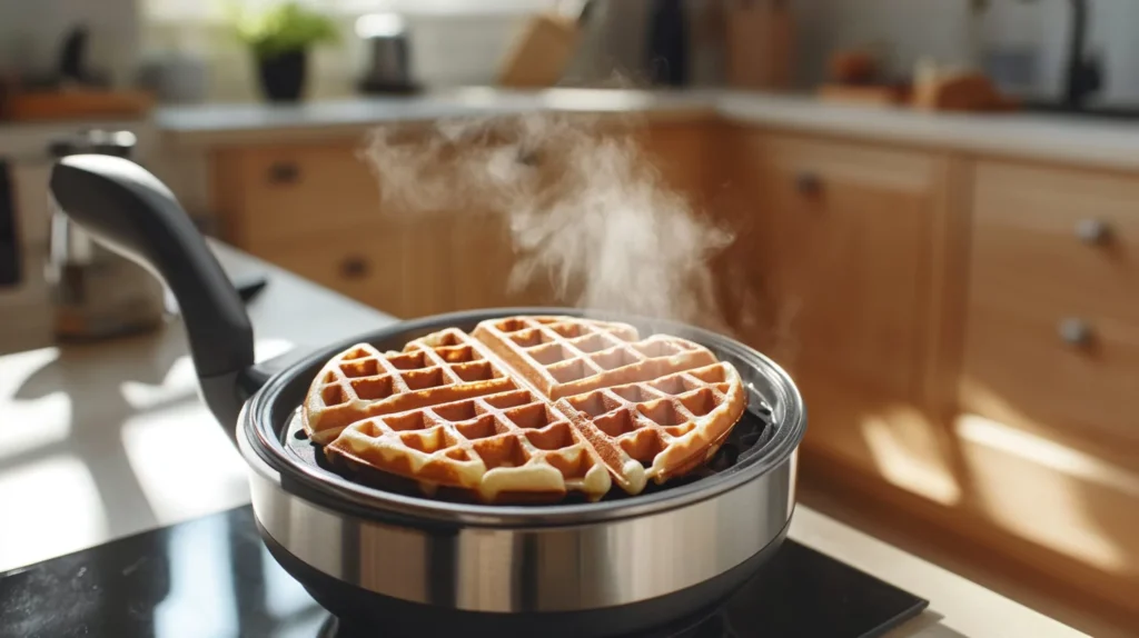 A waffle maker with a freshly cooked waffle inside.