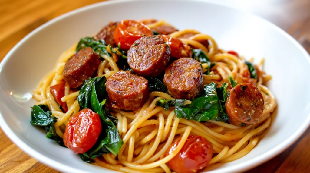 Kielbasa Pasta Recipes served in a white bowl