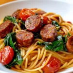 Simple kielbasa pasta served in a white bowl