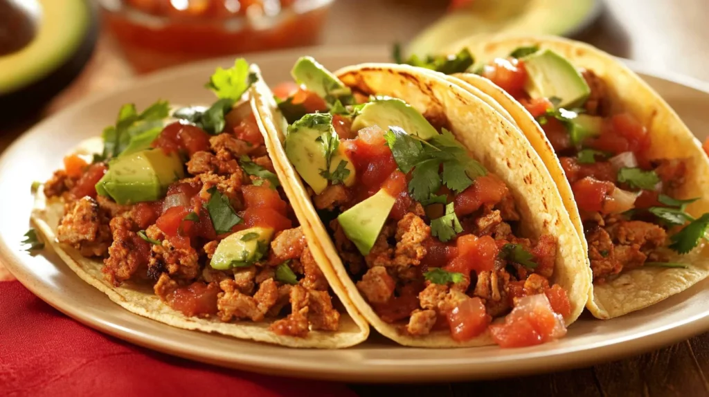 Wild turkey tacos with fresh toppings on a rustic table.