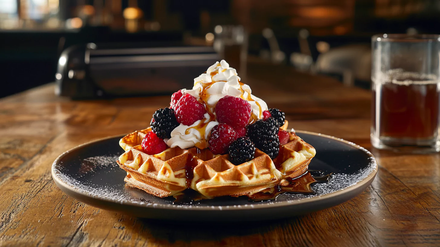 A plate of golden waffles with toppings, showcasing a delicious breakfast idea.