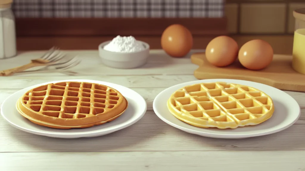 A pale waffle next to a golden waffle on a wooden surface.