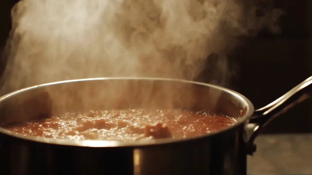 Thick marinara sauce simmering on a stove.