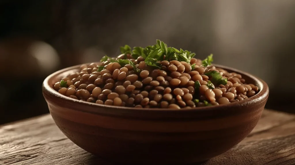 Cooked lentils in a bowl