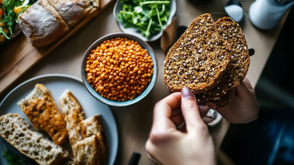 A person choosing between lentils and bread