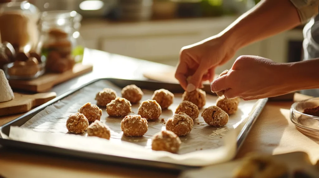 A baker shaping almond flour cookie dough balls