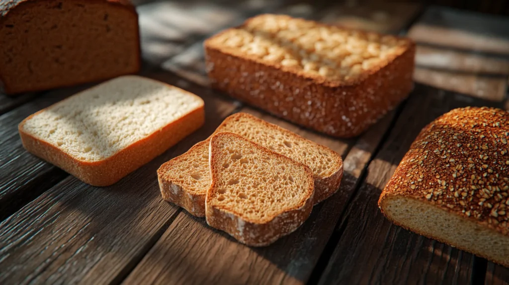 Different types of bread on a wooden table