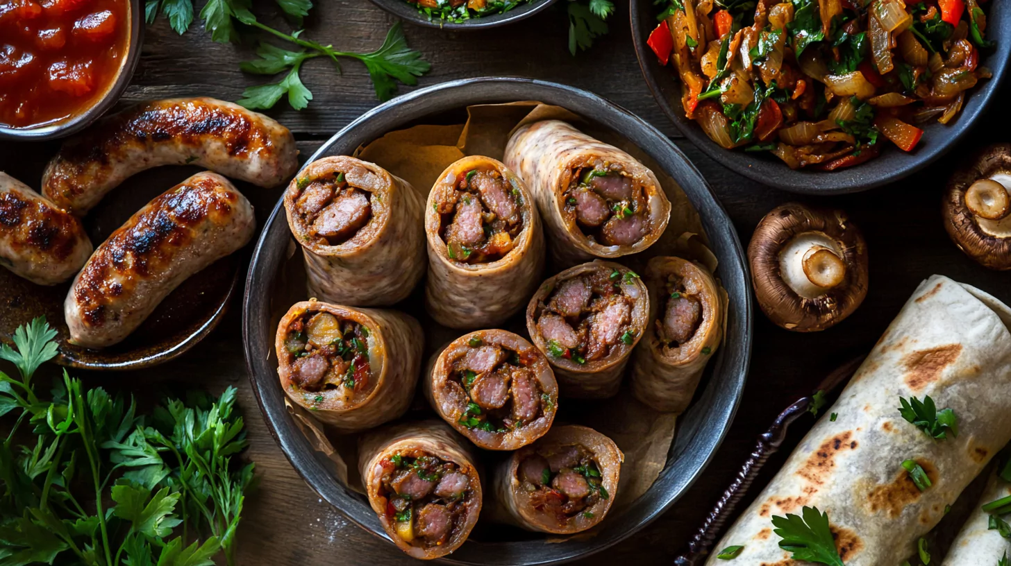 A selection of beef sausage dishes displayed on a rustic table.