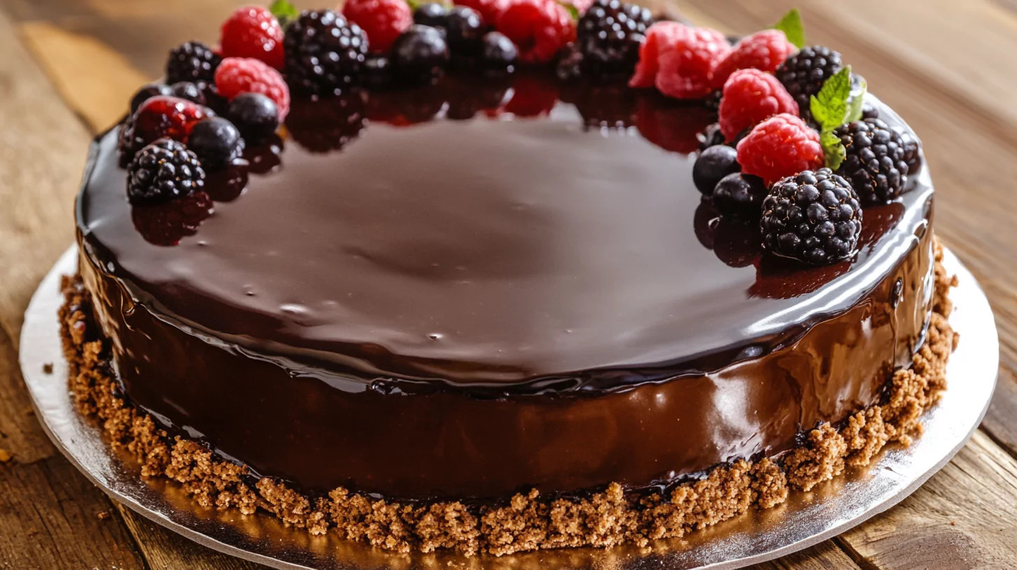 A perfectly moist chocolate cake with a shiny ganache frosting on a wooden table.