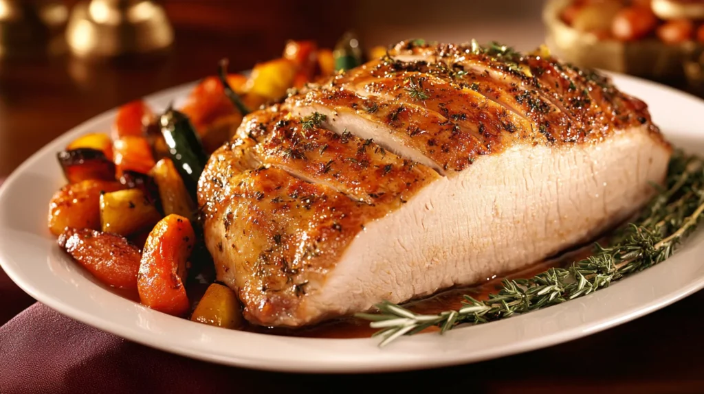 A roasted wild turkey breast with herbs and vegetables.
