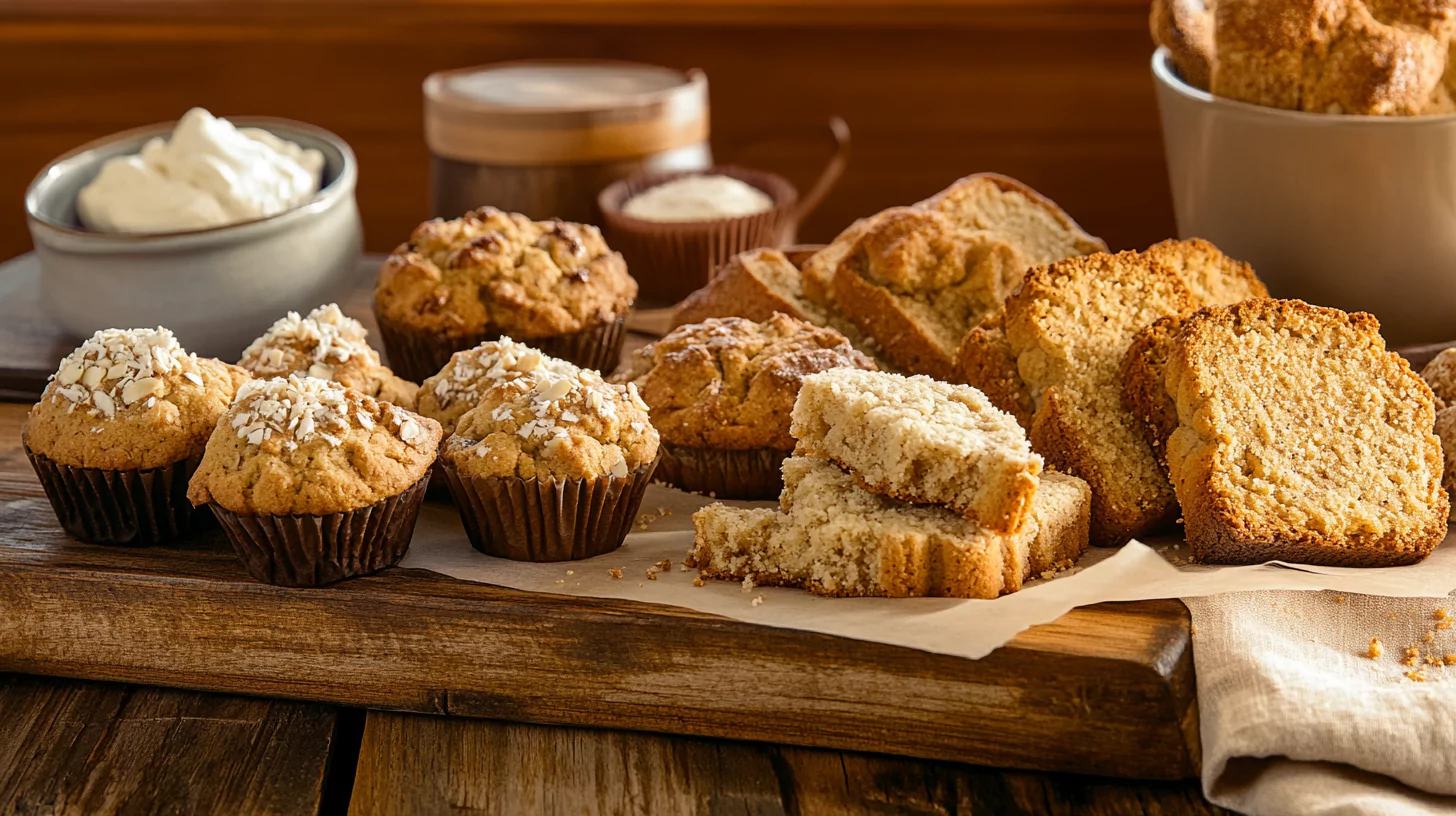 A collection of almond flour baked goods, including cookies, bread, and muffins, on a rustic wooden table.