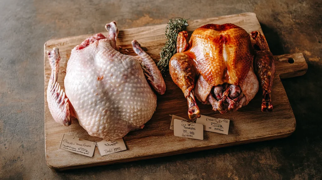 A side-by-side comparison of raw wild turkey and store-bought turkey.