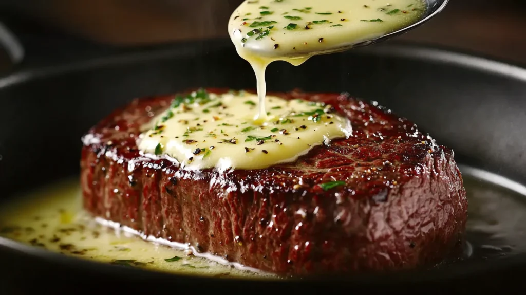 Basting steak with butter and herbs in a frying pan.