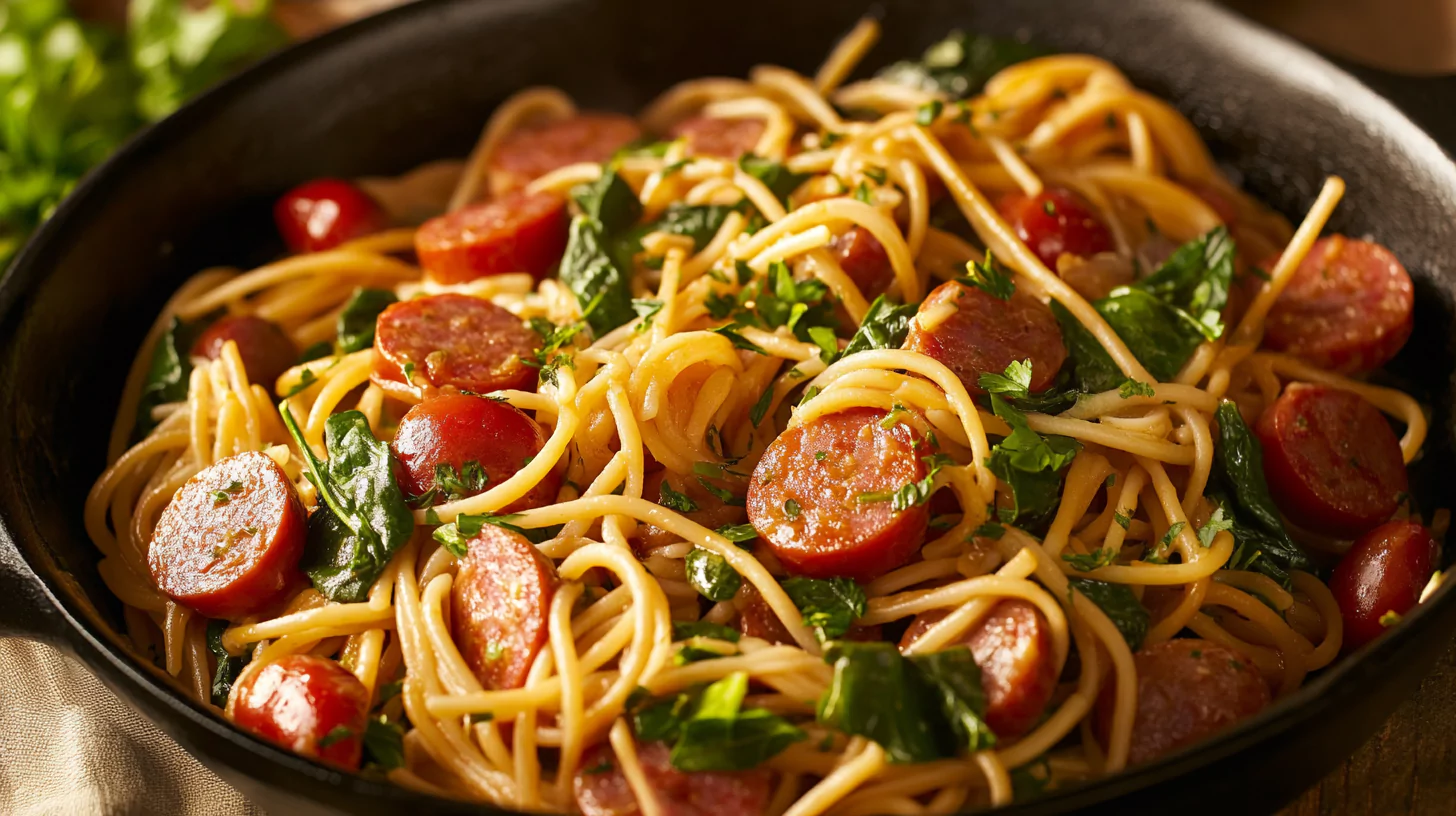 Kielbasa pasta in a skillet garnished with parsley