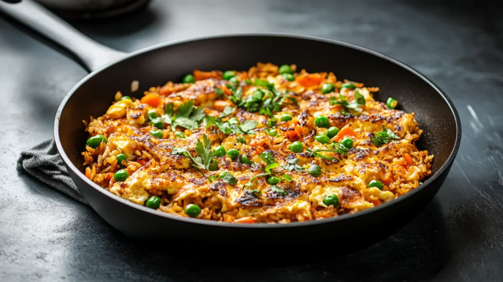 Skillet of crispy fried rice with vegetables and egg.