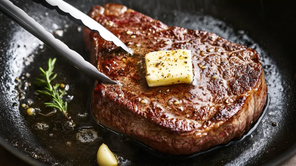 Steak being flipped in a frying pan with tongs, butter, and garlic.