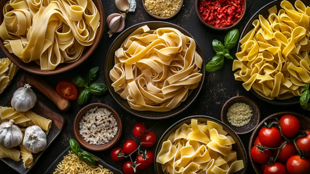 Different types of pasta for steak pasta recipes displayed in bowls.