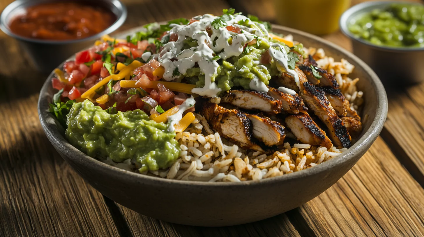 A Chipotle burrito bowl with melted cheese and fresh toppings.