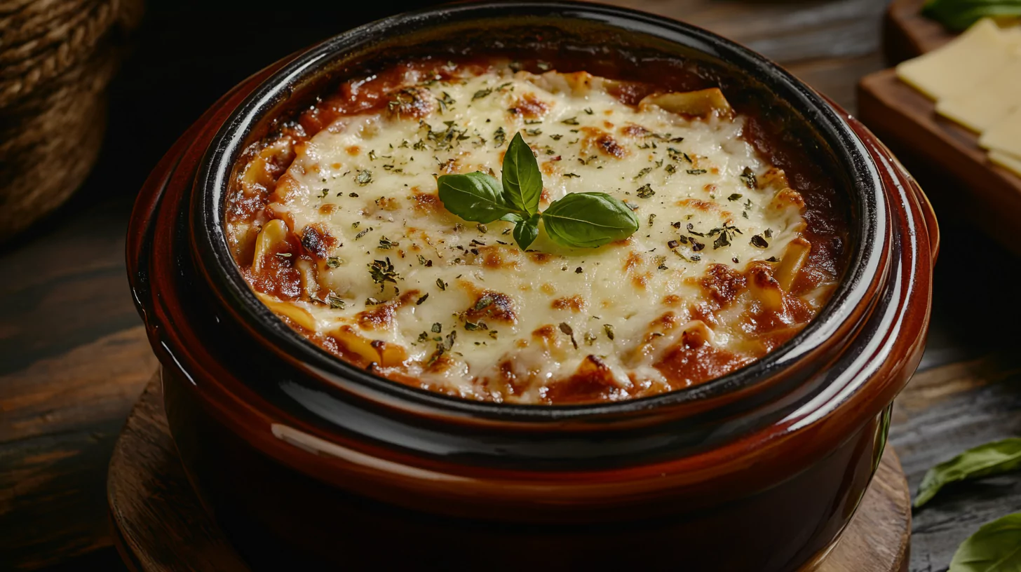 Bowl of crock pot lasagna soup garnished with fresh basil