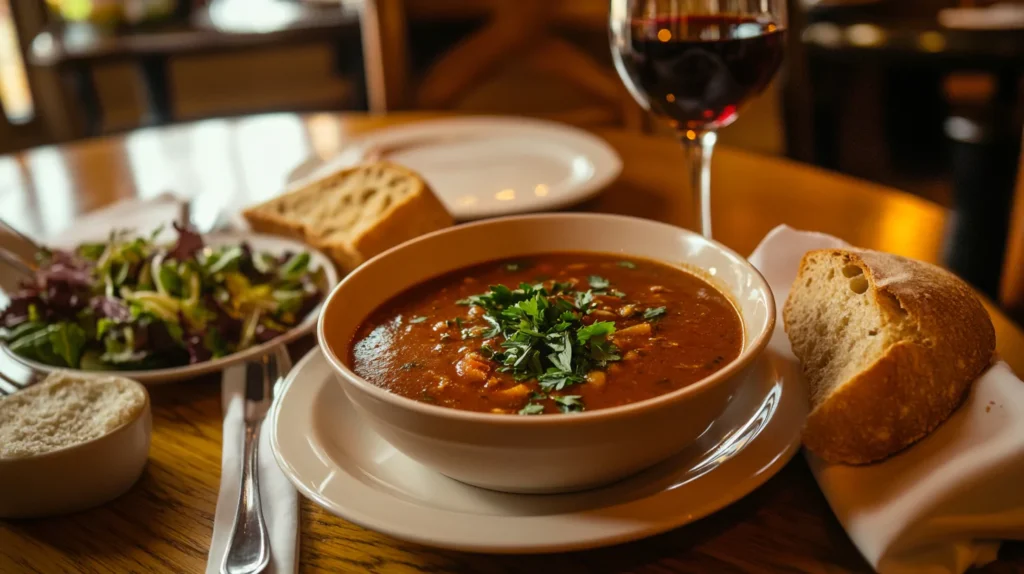 Swamp soup served with bread and a glass of wine.