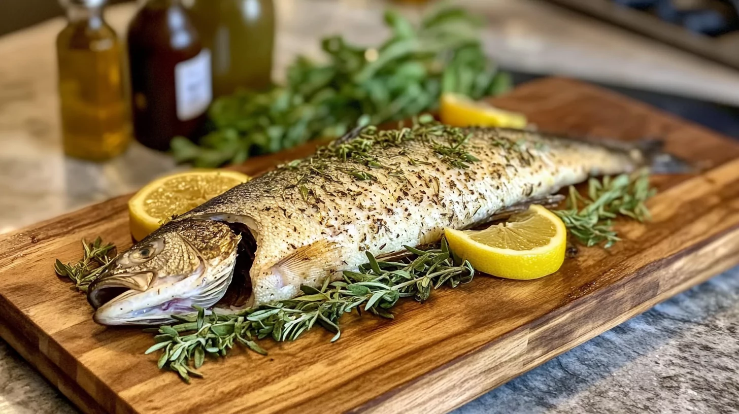 A perfectly cooked whole branzino garnished with fresh rosemary, lemon slices, and olive oil.