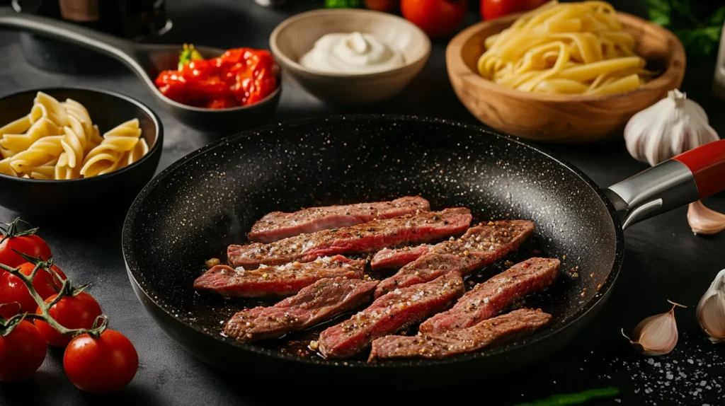 Cooked steak strips in a pan next to pasta and sauce ingredients on a kitchen counter.
