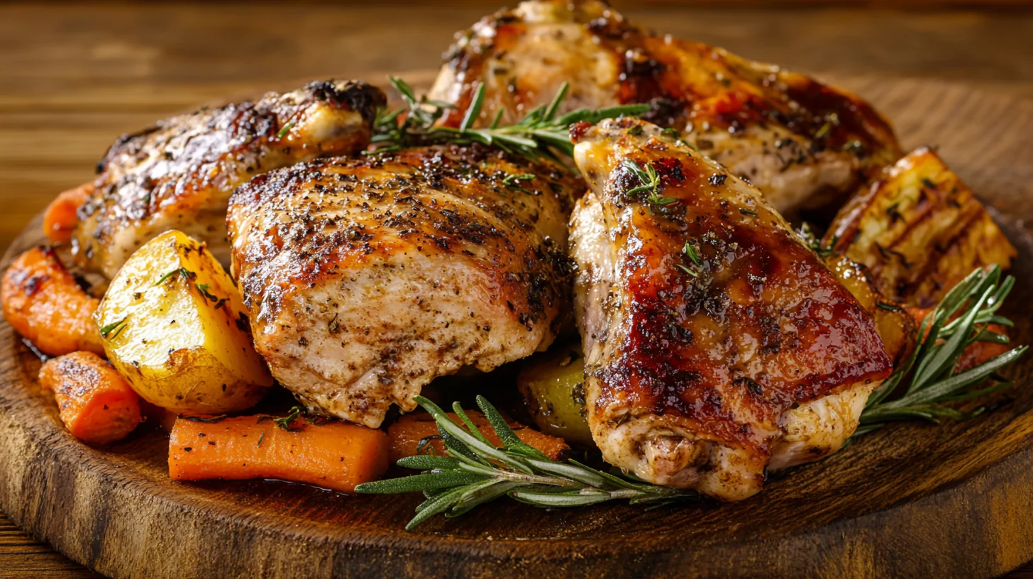 Golden-brown roasted wild turkey with roasted vegetables on a rustic wooden plate.