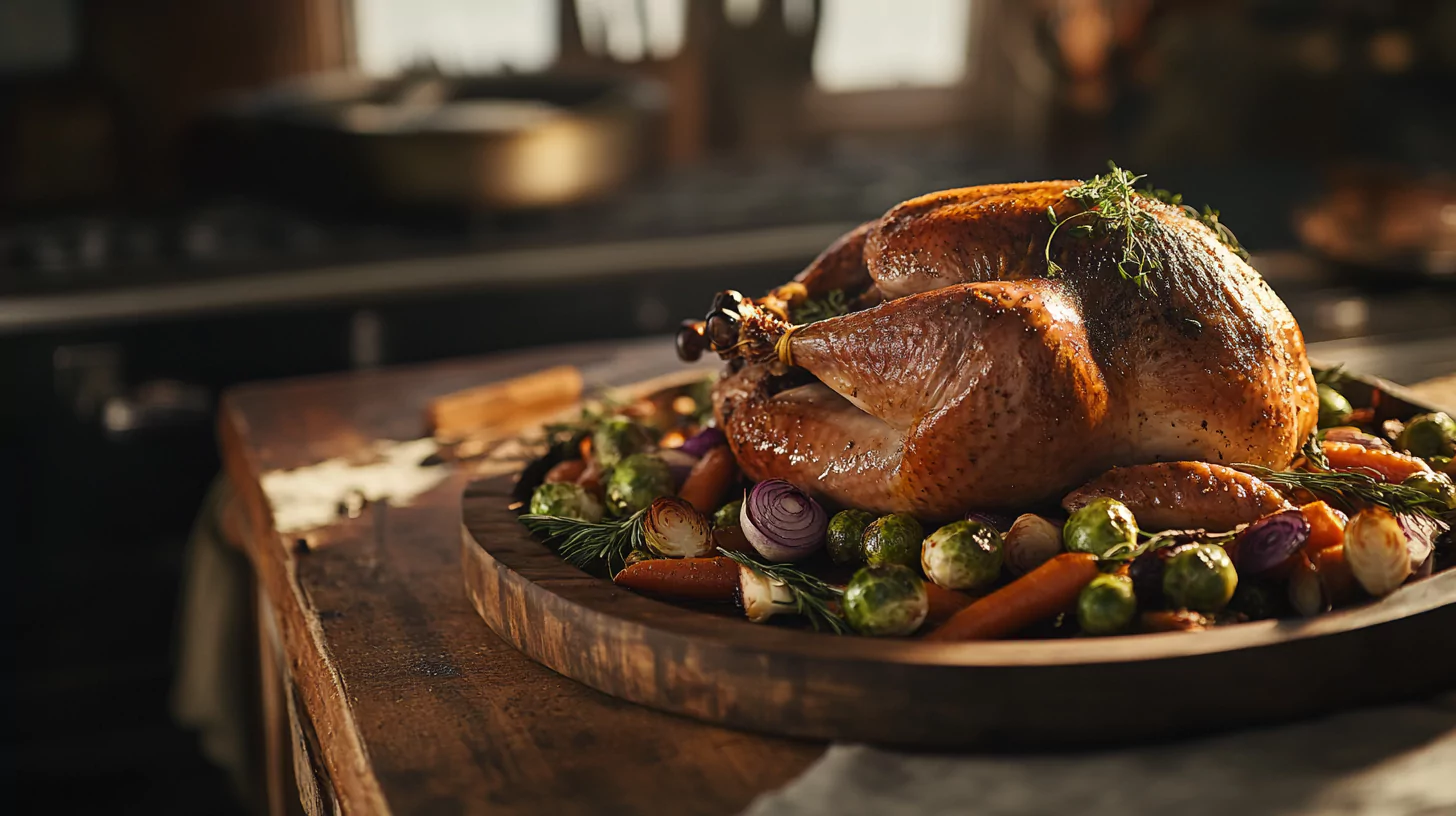 Roasted wild turkey surrounded by herbs and vegetables in a rustic setting.