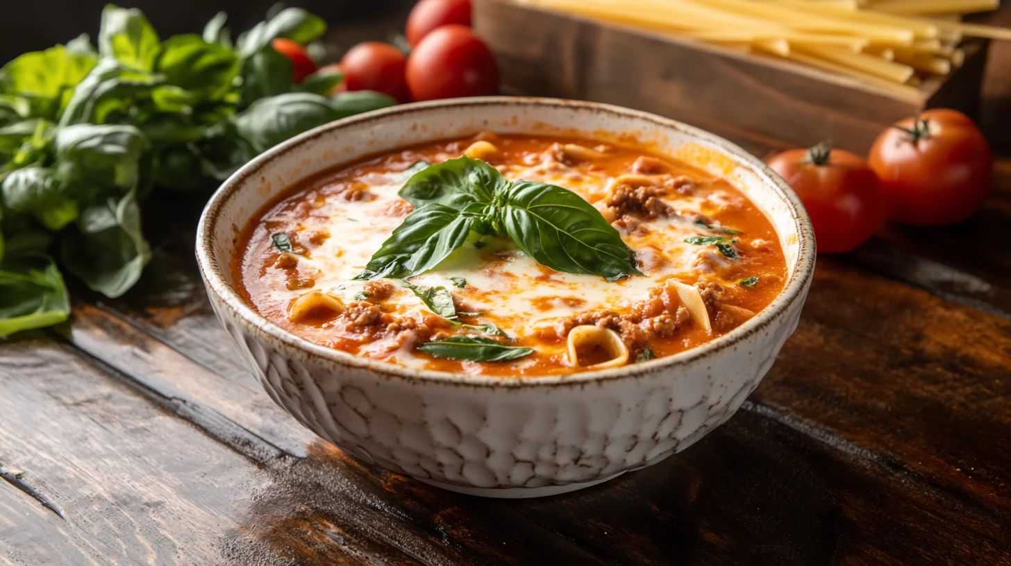 A bowl of lasagna soup garnished with basil and Parmesan in a rustic setting.