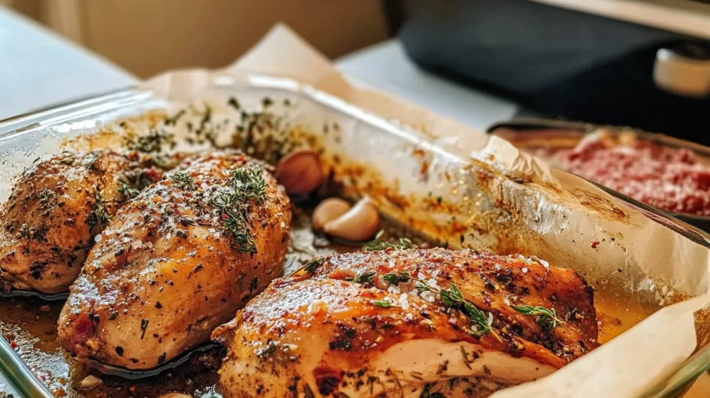 Marinated wild turkey with herbs and oil next to a dry-brined piece on parchment paper.
