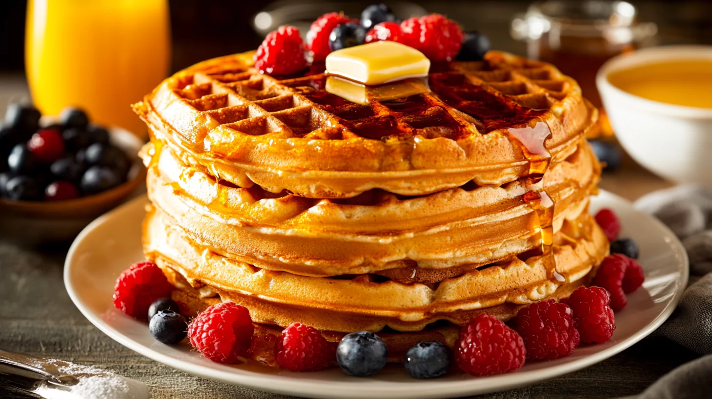 A stack of golden waffles with syrup and butter.