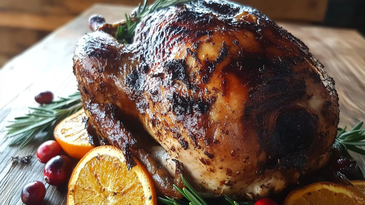 Golden-brown roasted wild turkey garnished with rosemary, orange slices, and cranberries.